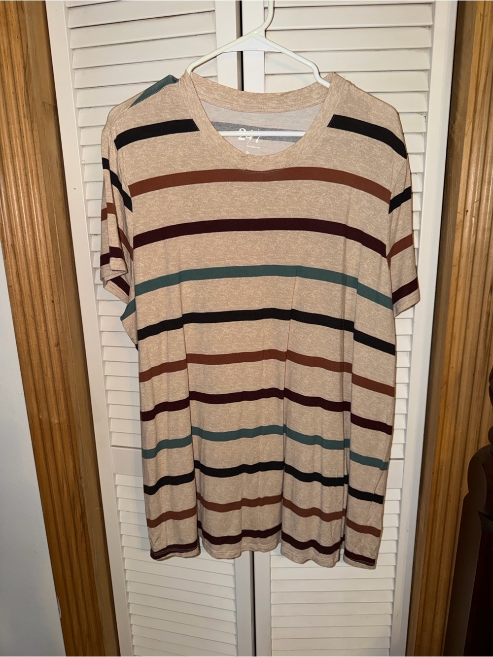 Maurices 24/7 Striped Crew Neck Shirt - Beige with Multicolor Stripes